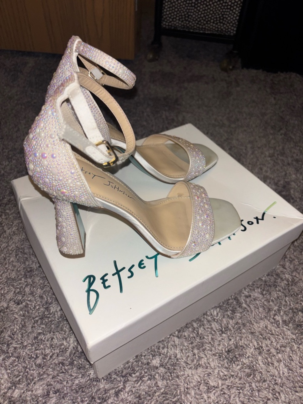 Betsey Johnson Iridescent Pearl Embellished Ankle-Strap Block Heels - White